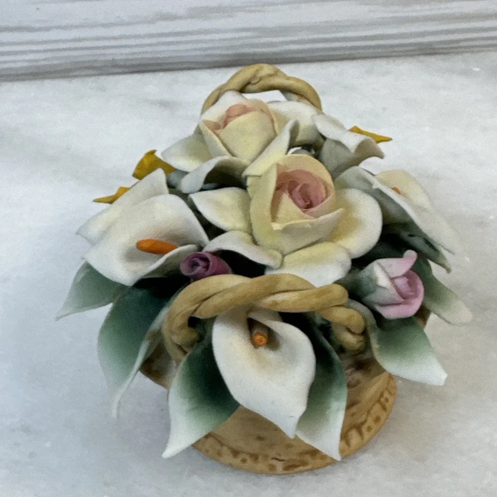 Vintage Genuine Capodimonte Rose Basket Flowers 3x2